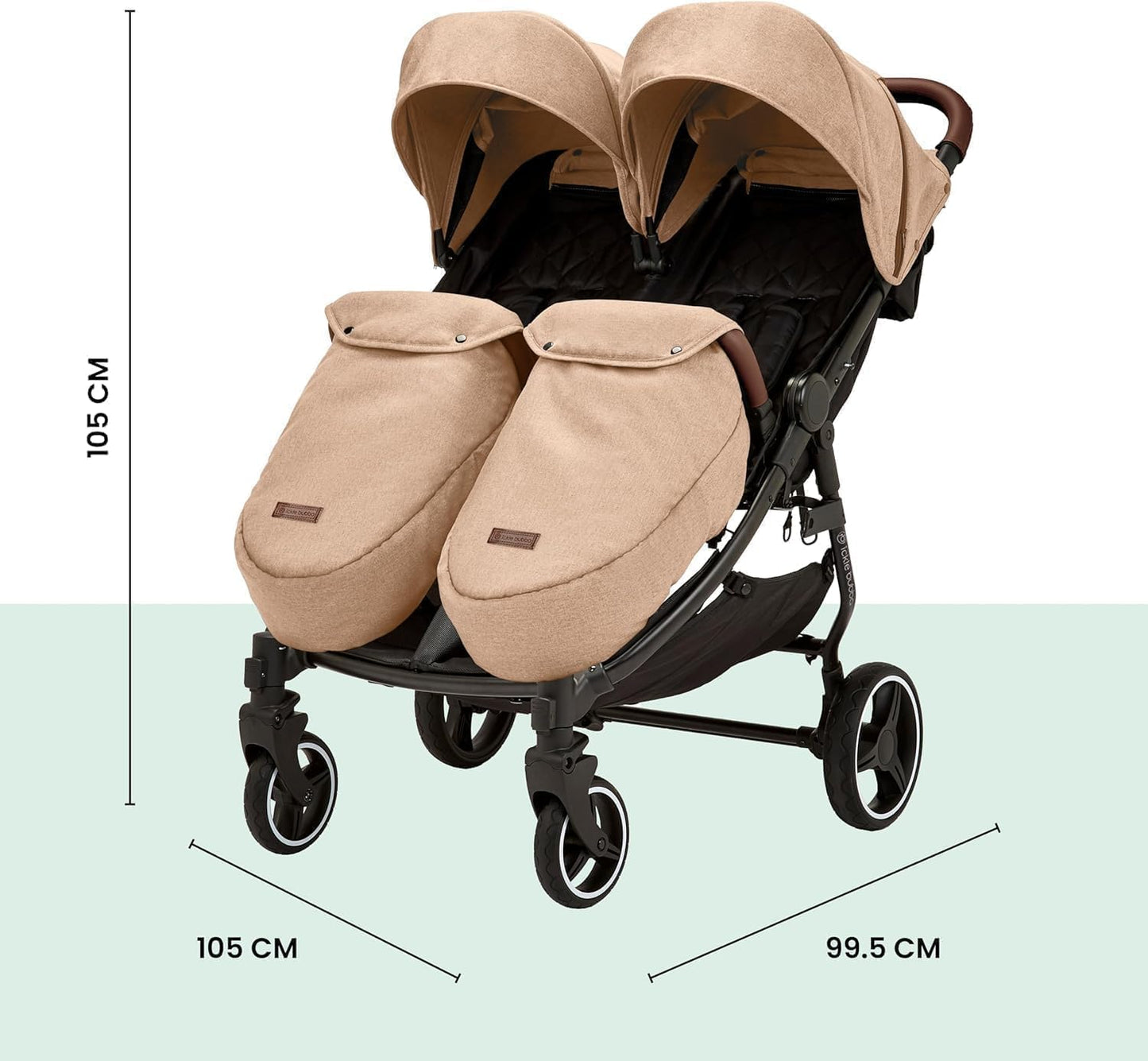 Ickle Bubba Venus Prime Double Pushchair - Suitable from Birth to 15kg (approx. 3 Years), Lightweight Foldable Twin Pushchair with Newborn Cocoon, 2 Foot Warmers and Rain Cover (Biscuits)