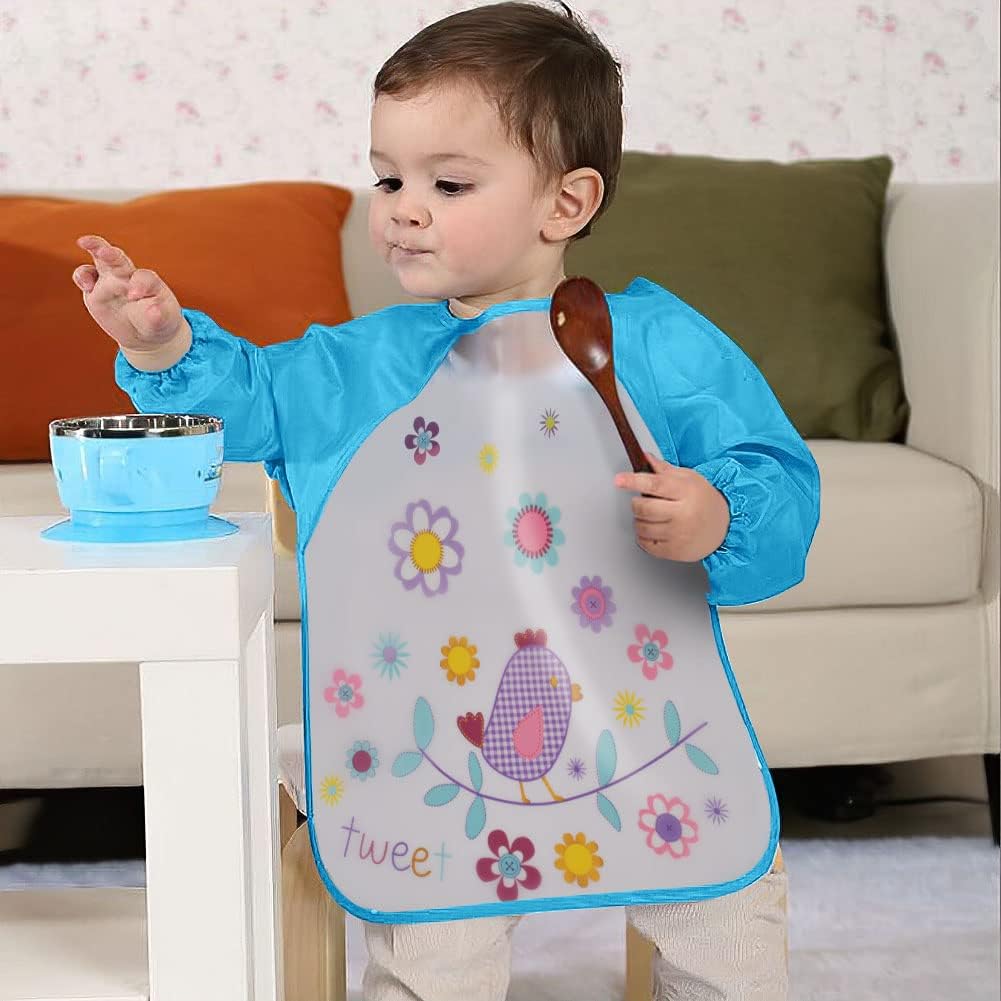 Vicloon Waterproof Baby Bibs, 5pcs Baby Bibs with Long Sleeves, Sleeved Bibs, Unisex Bib Set for Eating, Arts, Crafts, Painting, Playing (Pink, Blue, Green, Yellow) 