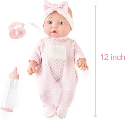 eDollable 30 cm Baby Doll in a Gift Box with Dummy, Bottle and Soft Blanket, Newborn Baby Doll Toy for Toddlers