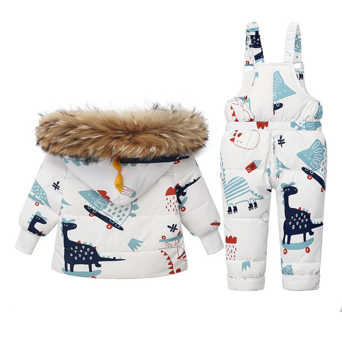Printed Snowsuits for Baby Girls, 2-Piece Clothing Set, Winter Unisex Children's Down Jacket with Removable Fur Hood with Snow Dungarees, Boys and Girls, Ski Suit Clothing