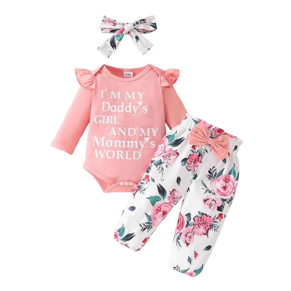 UUAISSO Neugeborenes Baby Mädchen Kleidung Papas Mädchen Langarm Tops Blumenhosen Sets Stirnband Säuglingsmädchen Herbst Outfits
