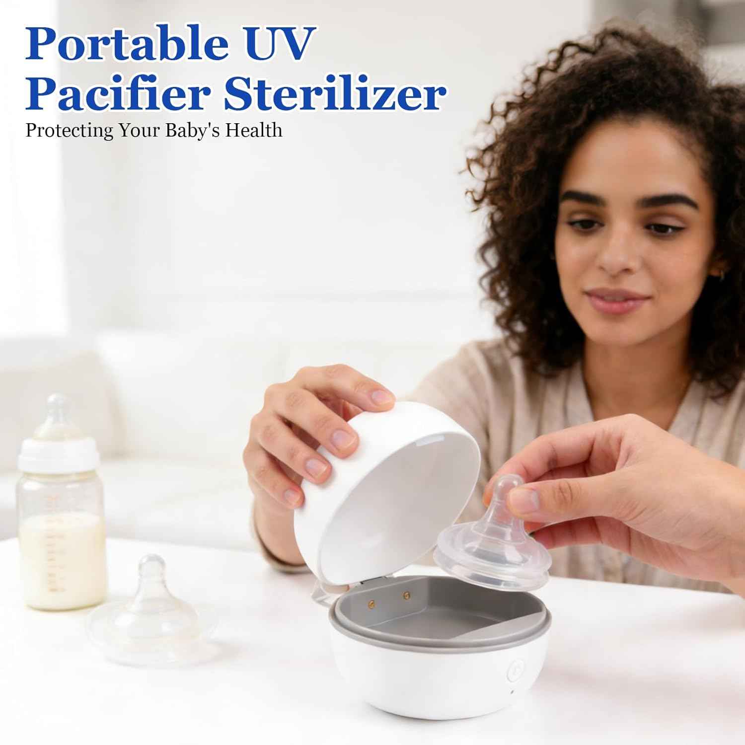 Tragbarer Schnuller-Sterilisator, UV-Baby Sterilisator für Schnuller, 99,99% Sterilisation in 3 Minuten, UV Baby Desinfektionsgerät für Zuhause und Unterwegs, Für 2 Schnuller, Für Reisen & Zuhause