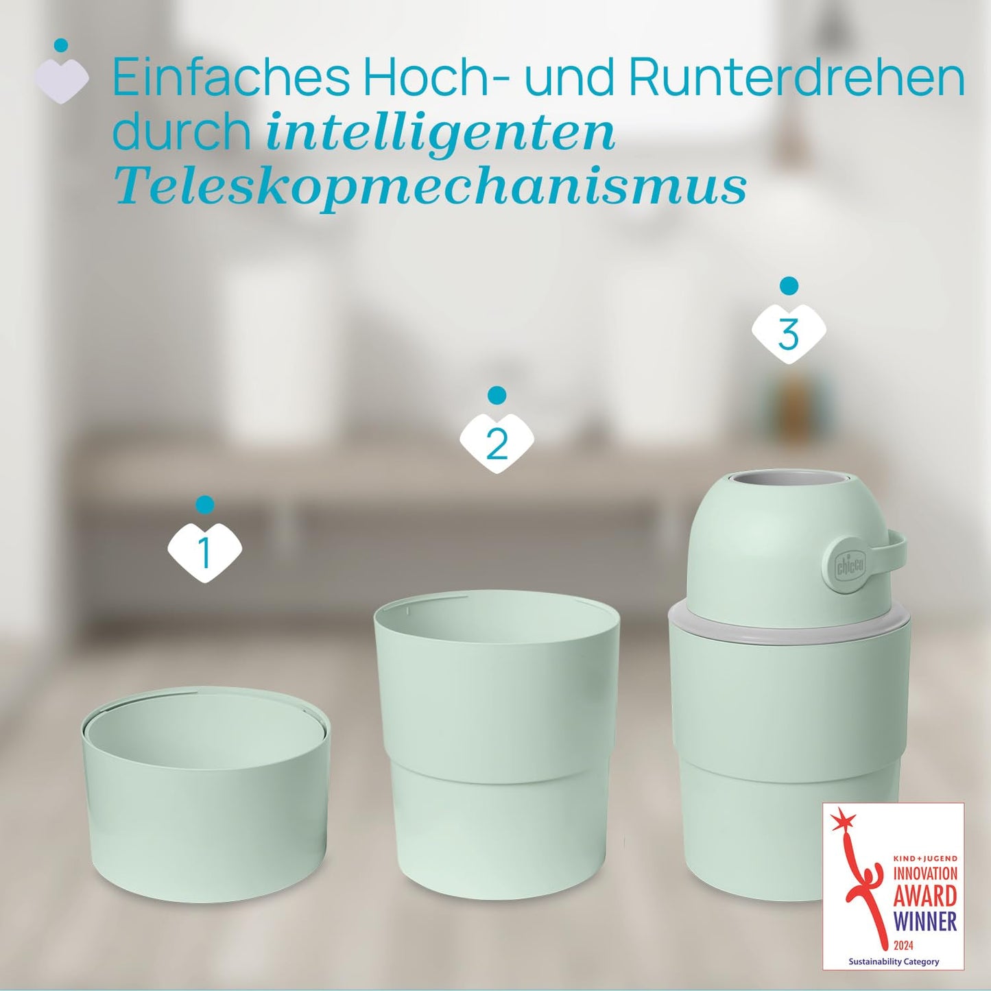 Chicco Windeleimer Odour Off, geruchsdichtes System, platzsparender Baby Windeleimer mit Deckel, einfach zu benutzen und zu reinigen, Ohne Nachfüllkassetten, funktioniert mit herkömmlichen Tüten
