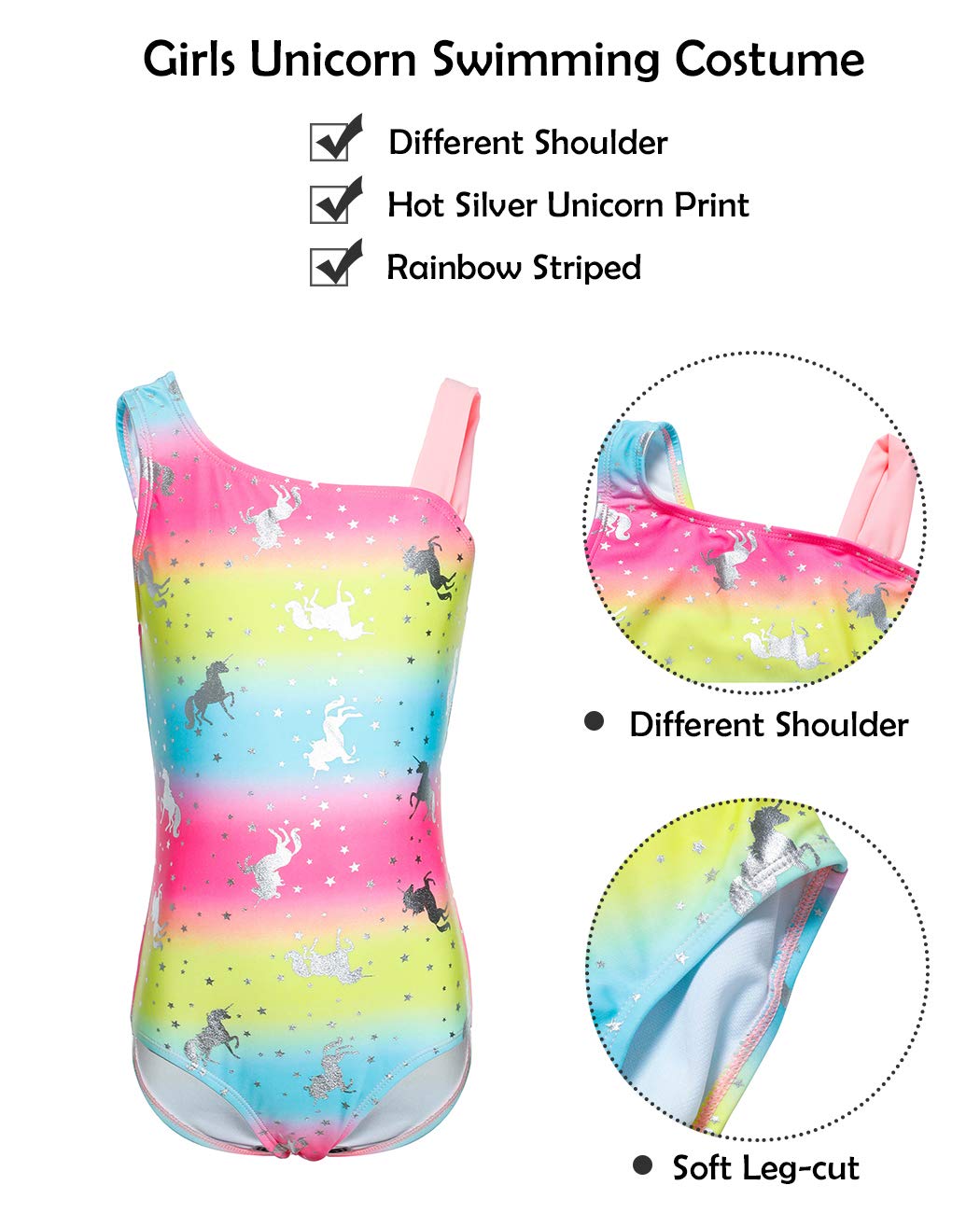 iDrawl One Piece Swimwear, Girls' Swimming Costume, Unicorn Theme, Multicoloured Summer Beachwear, UPF 50+, 3-13 Years