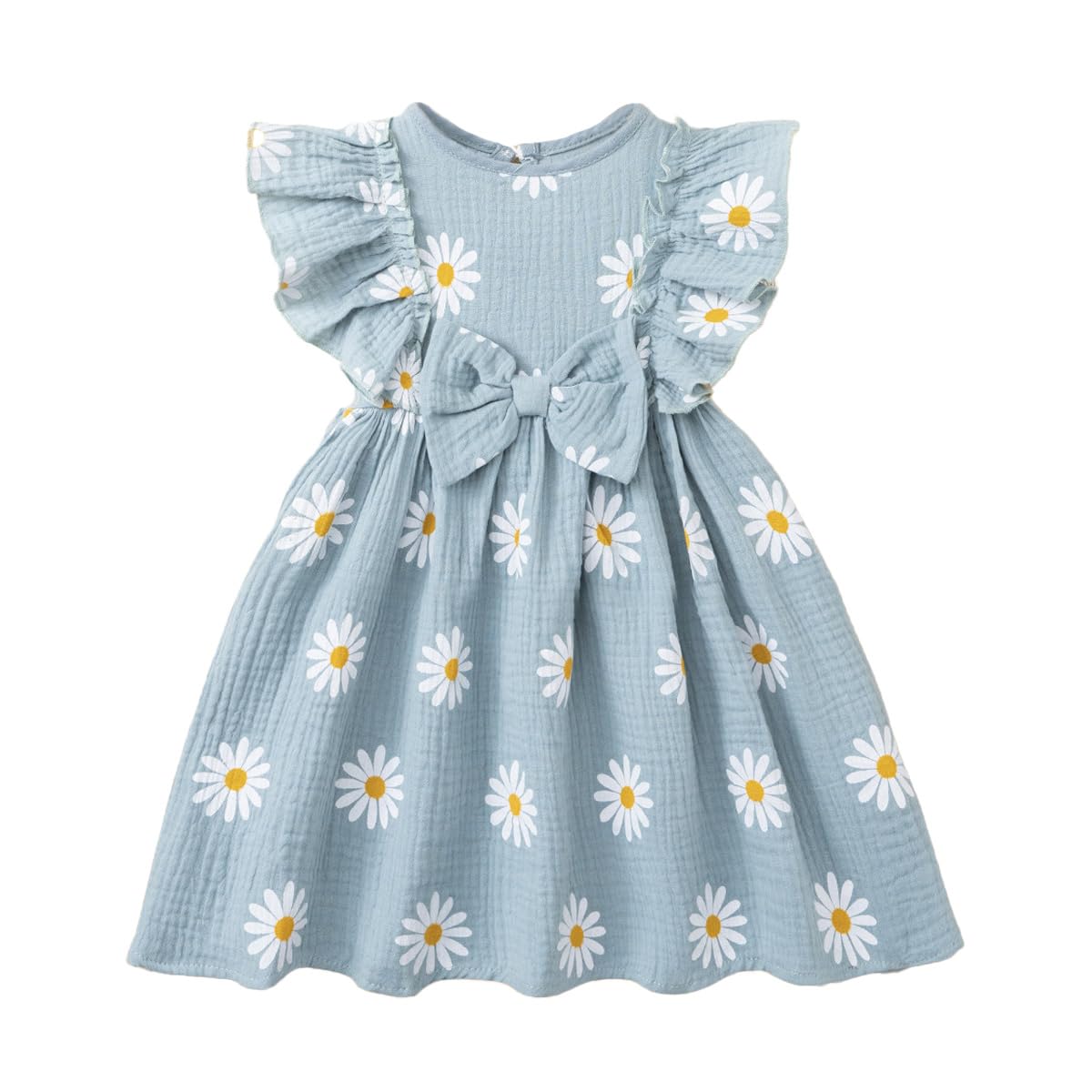 Kleinkinder Mädchen Sommerkleid Rüschenärmel Rundhalsausschnitt Knopfleiste Kleid lässiges Herbst A-Linien Party Kinderkleider 2-6 Jahre
