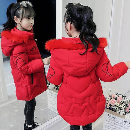 linboo Girls' Winter Jacket with Removable Fur Hood Warm Long Coat Children's Parka Outdoor Jacket with Letters and Cute Patterns