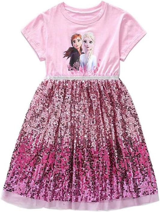 Renholin ELSA Dresses Shine Summer Dress Short Sleeve Frozen Ice Queen Princess ICE Princess Costume Girls Kids Party Skirt 