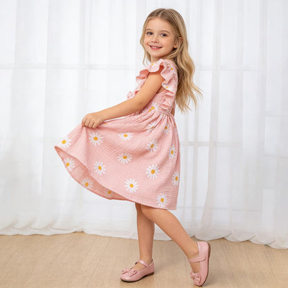 Kleinkinder Mädchen Sommerkleid Rüschenärmel Rundhalsausschnitt Knopfleiste Kleid lässiges Herbst A-Linien Party Kinderkleider 2-6 Jahre