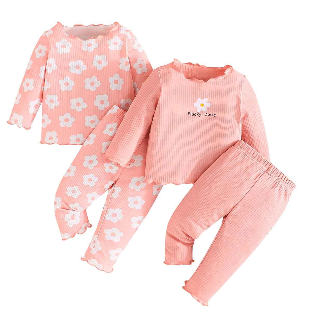 LUVCES Toddler Baby Girl Clothing Set Ruffle Ribbed Short Sleeve / Long Sleeve T-Shirt Tops + Shorts Trousers 4 Pieces Summer Autumn Cute Outfits Set