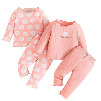 LUVCES Toddler Baby Girl Clothing Set Ruffle Ribbed Short Sleeve / Long Sleeve T-Shirt Tops + Shorts Trousers 4 Pieces Summer Autumn Cute Outfits Set