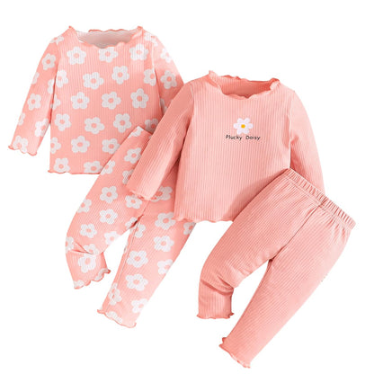 Kleinkind Baby Mädchen Kleidung Set Rüschen gerippt Kurzarm / Langarm T-Shirt Tops + Shorts Hosen 4 Stück Sommer Herbst Süße Outfits Set
