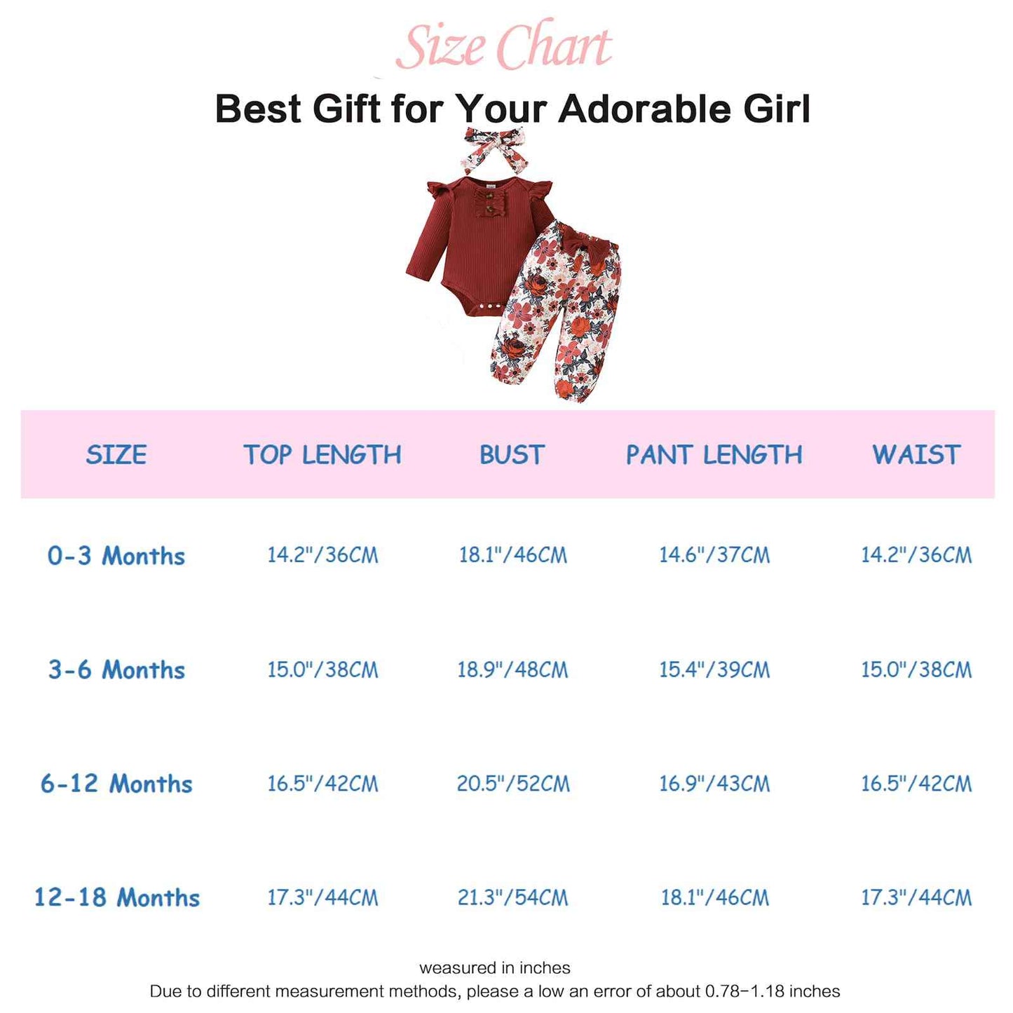 LUVCES Newborn Baby Girl Clothing Toddler Ribbed Ruffle Long Sleeve Romper + Floral Pants + Headband Cute Fall Outfit Set