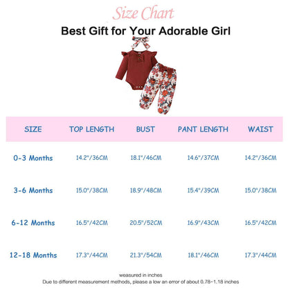 LUVCES Newborn Baby Girl Clothing Toddler Ribbed Ruffle Long Sleeve Romper + Floral Pants + Headband Cute Fall Outfit Set