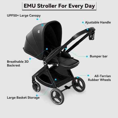 ELITTLE EMU Gegen Fahrtrichtung Buggy Kinderwagen Faltbar kompakter Baby Buggy Schwarz Wendesitz Kinderwagen mit Liegefunktion für Klein von 0 bis 3 Jahre (0-25 kg)