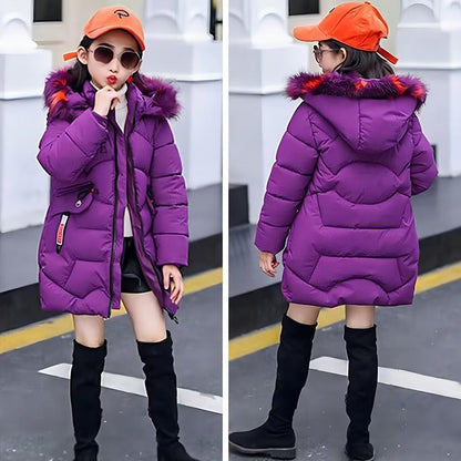 linboo Girls' Winter Jacket Children's Winter Coat Thick Quilted Jacket Long Warm Parka Cotton Jacket Outdoor Coat with Fur Hood and Love Embroidery Print