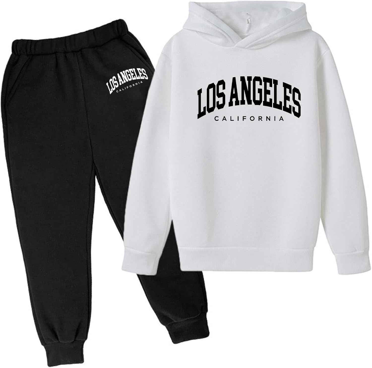 2-teiliges Herbst-Outfit mit Kapuze für Mädchen und Kinder, Los Angeles California, Active-Kinder-Sweatsuit-Sets, Sweatanzüge, Winter, Herbst, Fleece, gefüttert, mit Kapuze, sportlich, locker