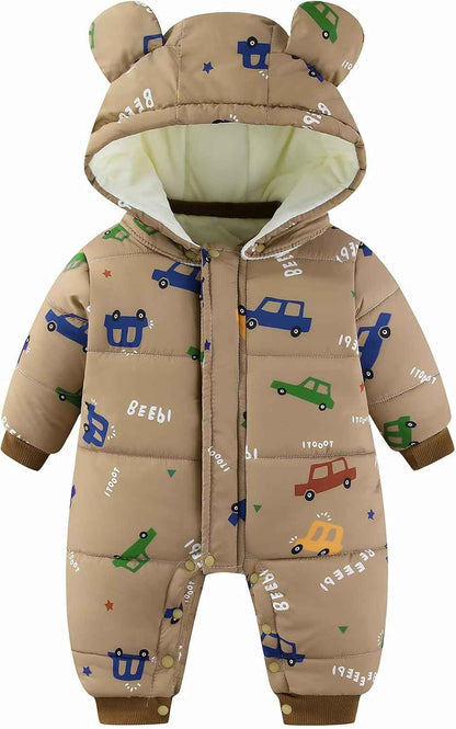 JiAmy Baby Snowsuit, Toddler Winter Romper Girls Boys Winter Jumpsuit with Hood Long Sleeve Jumpsuit Cute Prints for 3-24 Months