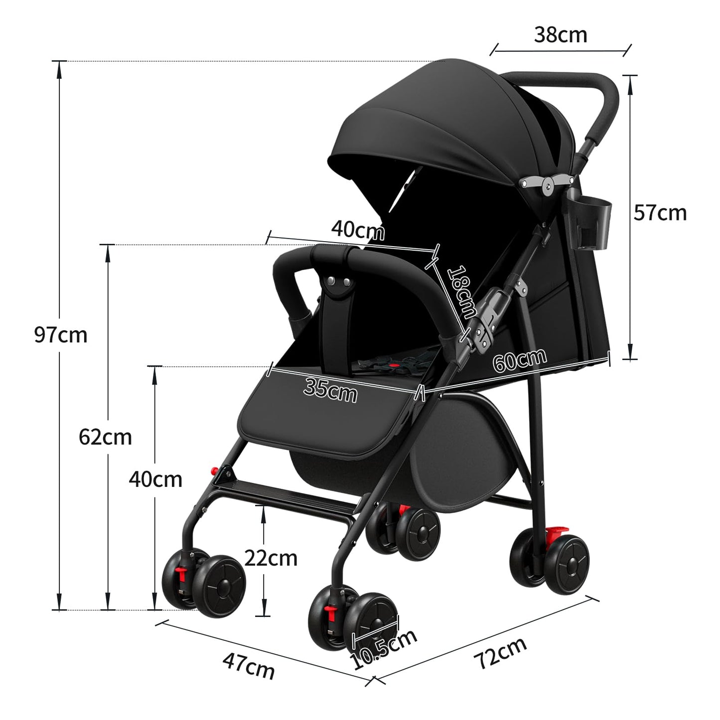 Buggy für Babys, ultraleicht, kompakt, faltbar und neigbar, von Geburt bis 25 kg, mit Trolley-System, Regenschutz inklusive, ausziehbarer Haube, C-schwarz