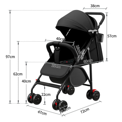 Buggy für Babys, ultraleicht, kompakt, faltbar und neigbar, von Geburt bis 25 kg, mit Trolley-System, Regenschutz inklusive, ausziehbarer Haube, C-schwarz