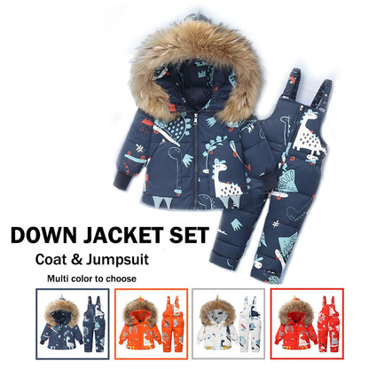 Printed Snowsuits for Baby Girls, 2-Piece Clothing Set, Winter Unisex Children's Down Jacket with Removable Fur Hood with Snow Dungarees, Boys and Girls, Ski Suit Clothing
