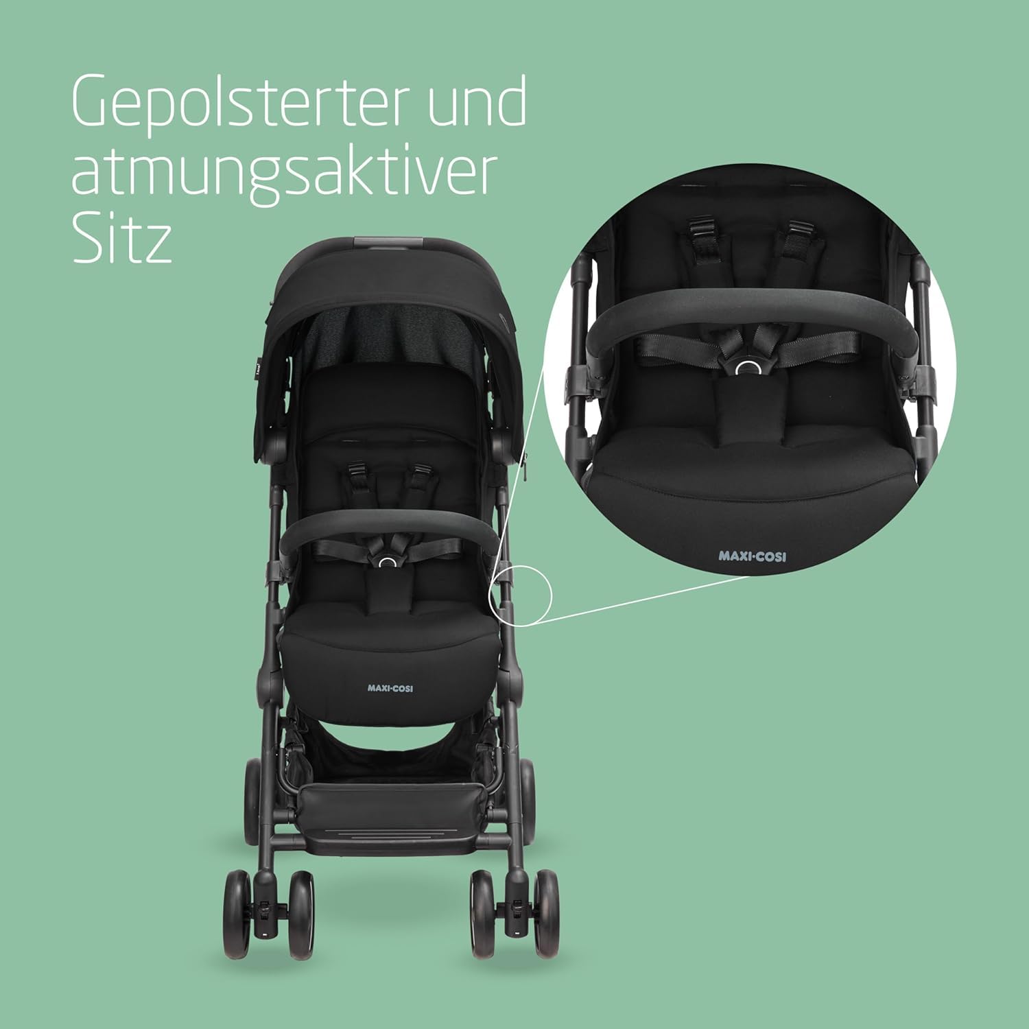 Maxi-Cosi Lara2 Baby Kinderwagen, 0–4 Jahre, 0–22 kg, federleichter, kompakter Buggy, 3 Liegepositionen, flache Liegeposition, klein zusammenklappbar, Schultergurt, Essential Black - Meloni2