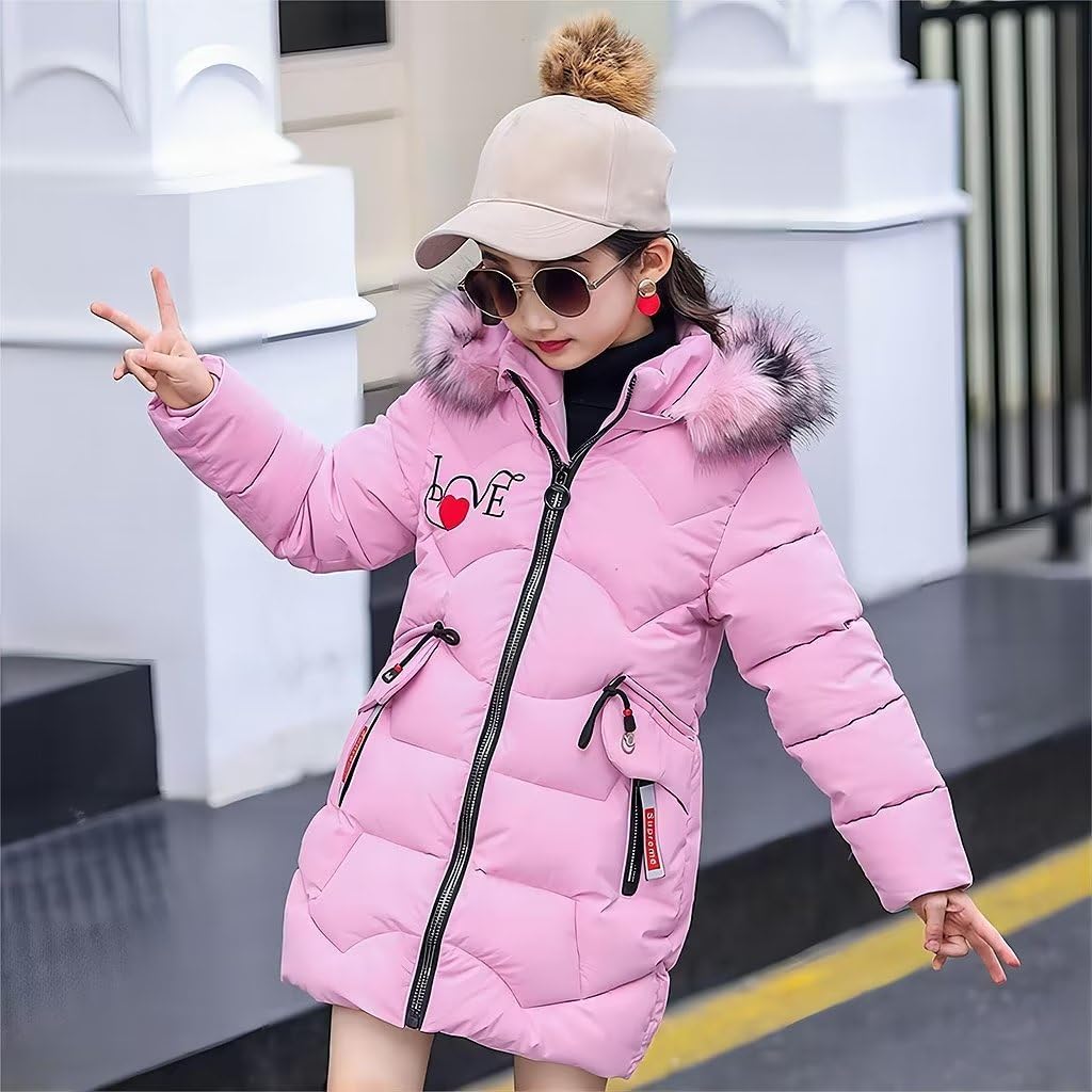 linboo Girls' Winter Jacket Children's Winter Coat Thick Quilted Jacket Long Warm Parka Cotton Jacket Outdoor Coat with Fur Hood and Love Embroidery Print