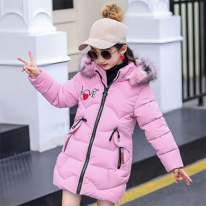 linboo Girls' Winter Jacket Children's Winter Coat Thick Quilted Jacket Long Warm Parka Cotton Jacket Outdoor Coat with Fur Hood and Love Embroidery Print