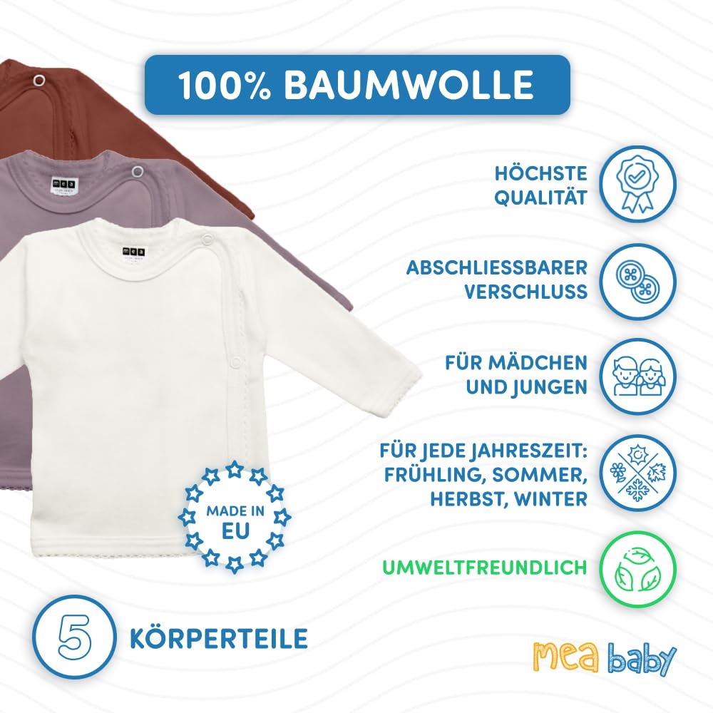 MEA BABY Unisex Baby Wickelshirt Wickeljacke Langarm, 100% Baumwolle im 5er Pack. Wickelshirt für Mädchen, Wickelshirt für Junge