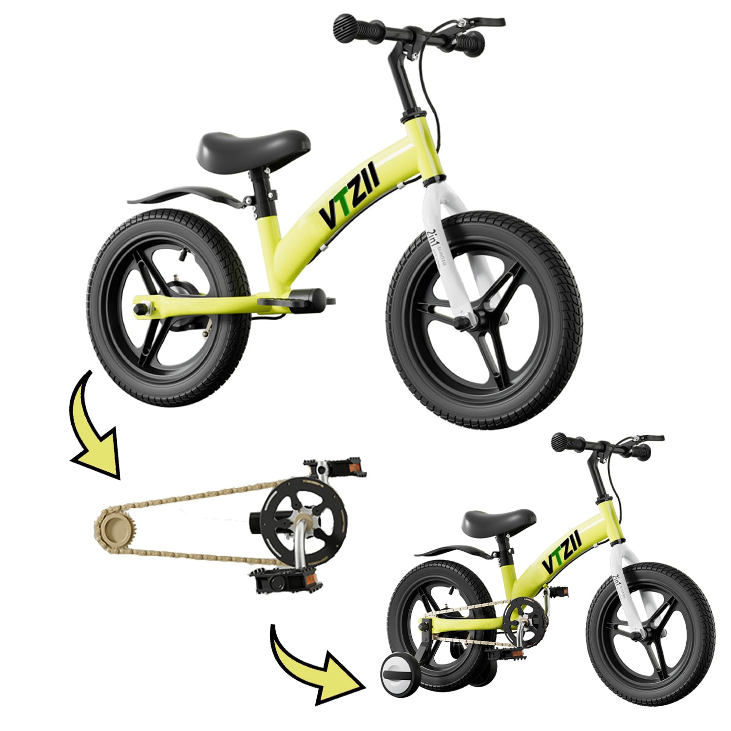 VTZII Laufrad 2 in 1 Kinderfahrrad für Kinder ab 2 3 4 5 6 7 Jahre,mit Bremse Stützräder Pedalen,12 14 16 Zoll Kinderlaufrad - Meloni2