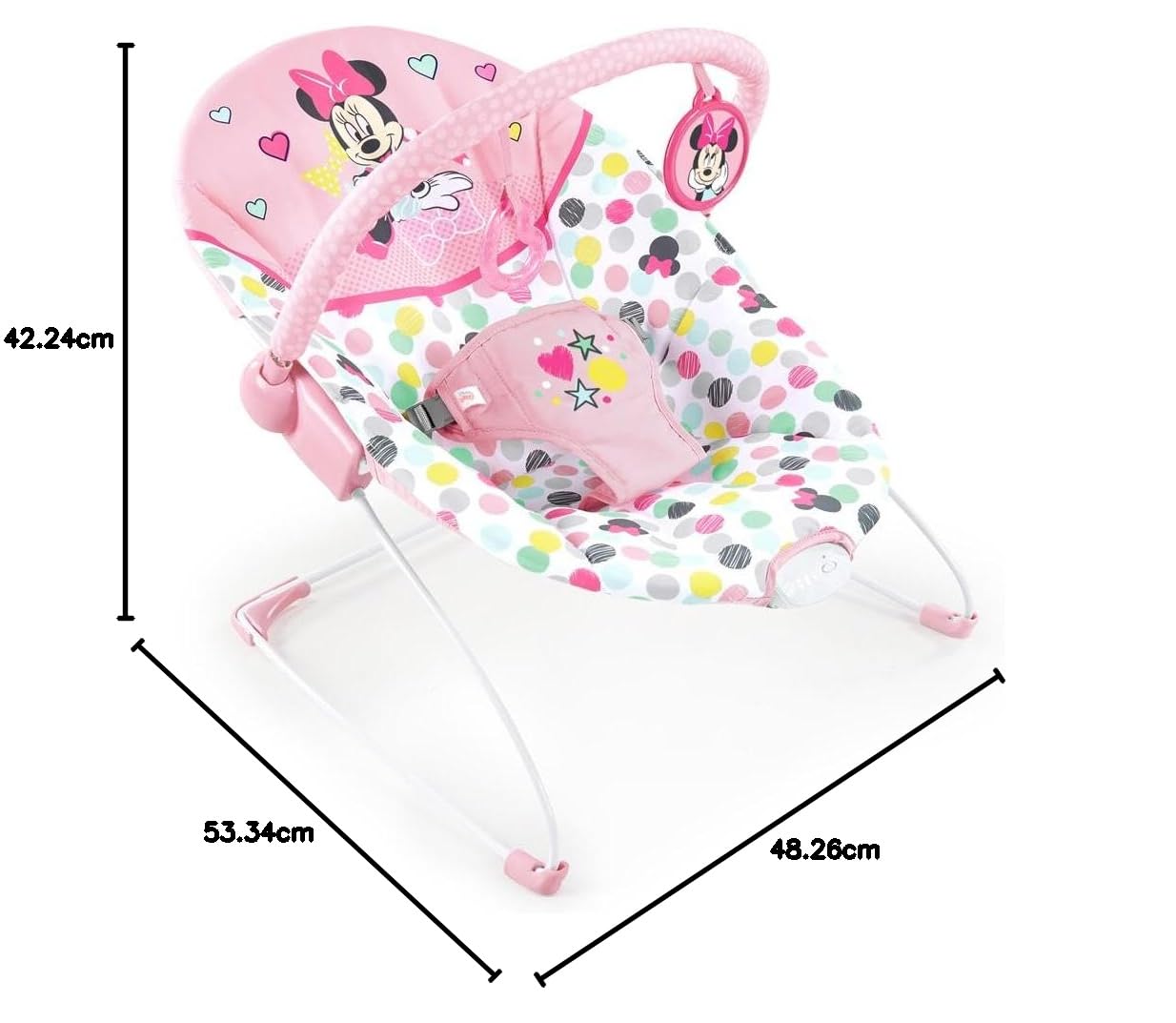 Bright Starts, Disney Baby, Minnie Mouse Spotty Dotty, Babywippe mit Vibrationen, maschinenwaschbarem Sitzpolster, rutschfesten Füßen und 2 Spielzeugen, ab 0 monate