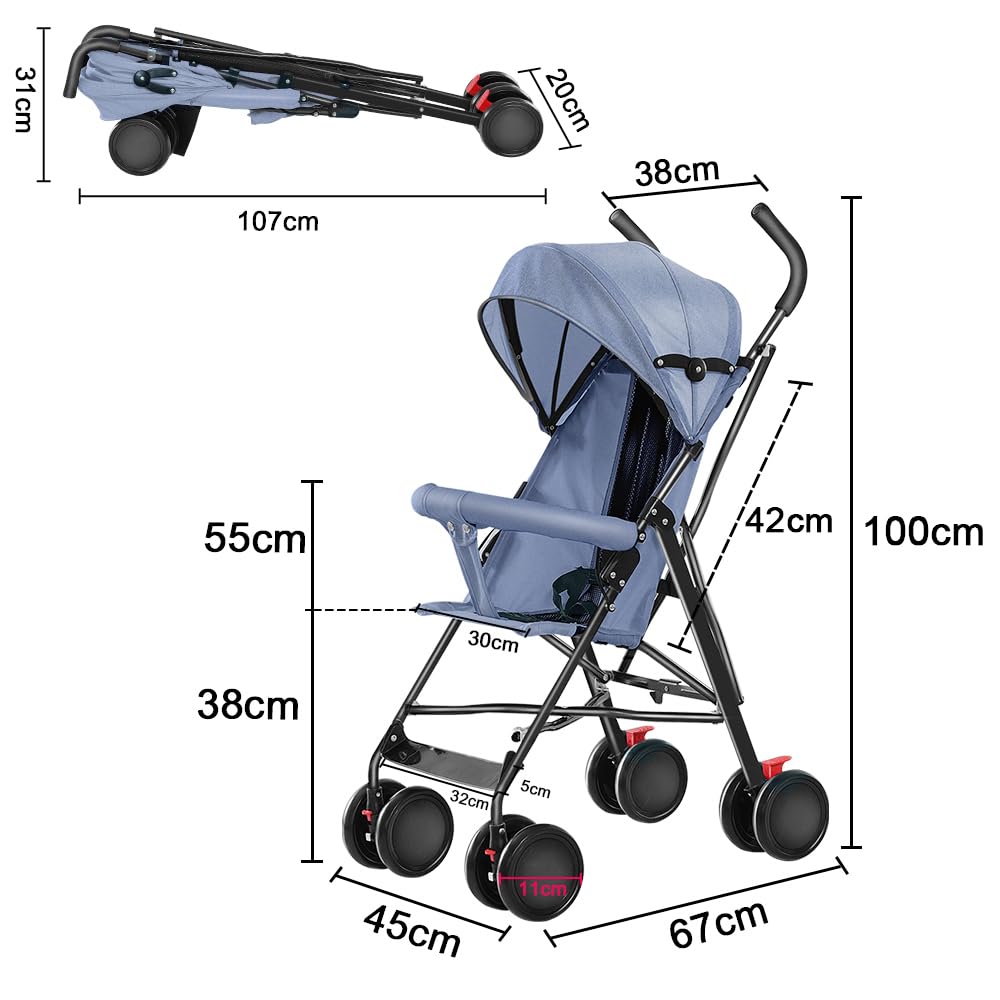 Kinderbuggy, Klein Zusammenklappbar Kinderwagen,Rücken und Fußstützenverstellung,Hinterradbremse,5-Punkt-Gurt,Einfaches Ein-Hand-Falten,Baby Reisebuggy