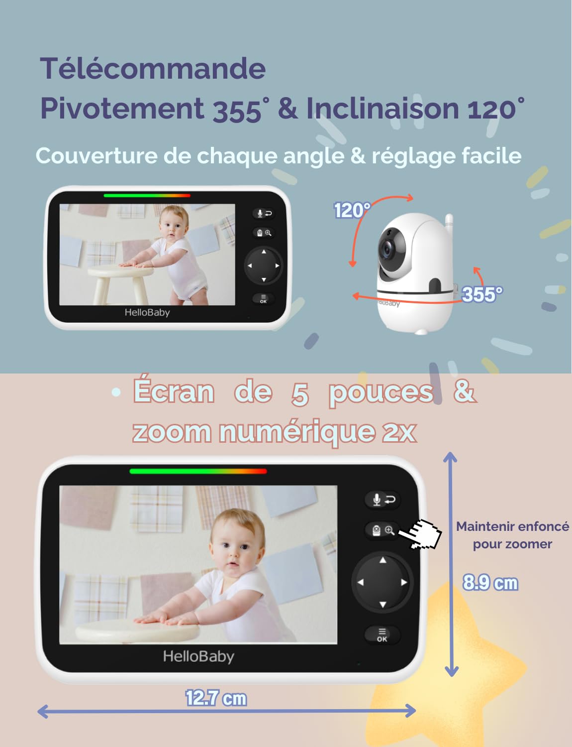 HelloBaby Babyphone mit Kamera, Kein WLAN, 5" IPS, HB6550, 3500 mAh | 355° Schwenken-120° Neige-Zoomen, Babyfone ohne WLAN, 2 Wege Audio, Temperatur, 8 Schlaflieder, Nachtsicht, Kabel-Kamera