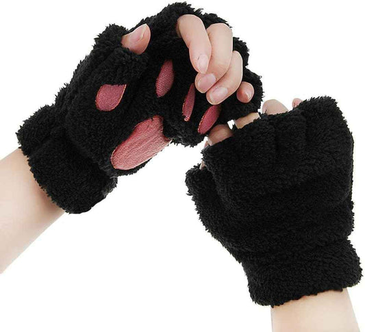 AfinderDE Half Gloves Fingerless Gloves Women Girls Plush Half Thick Warm Finger Gloves Cartoon Animal Bear Cat Claws Winter Gloves