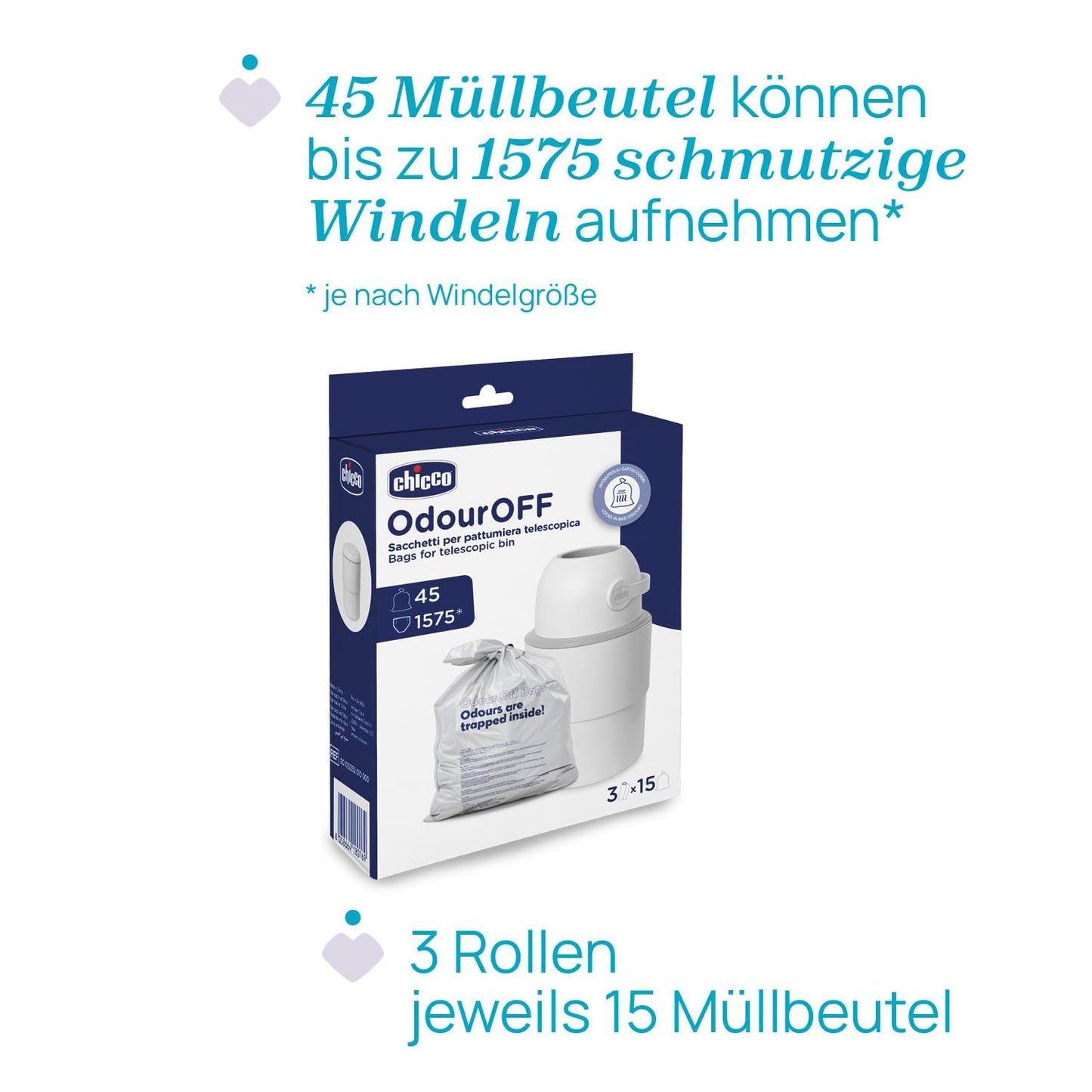 Chicco Windeleimer Odour Off, geruchsdichtes System, platzsparender Baby Windeleimer mit Deckel, einfach zu benutzen und zu reinigen, Ohne Nachfüllkassetten, funktioniert mit herkömmlichen Tüten