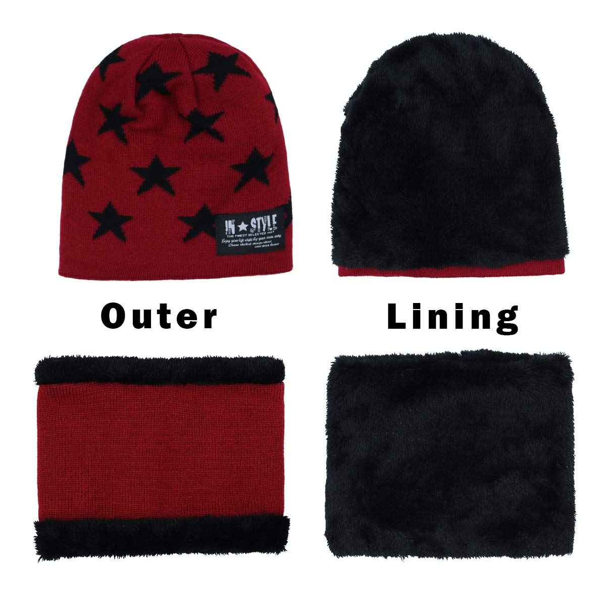 YR.Lover Momoon Dicke Beanie Hut +Schal Set Winter Warmen Schnee Knit Skull Cap für Kinder Jungen Mädchen