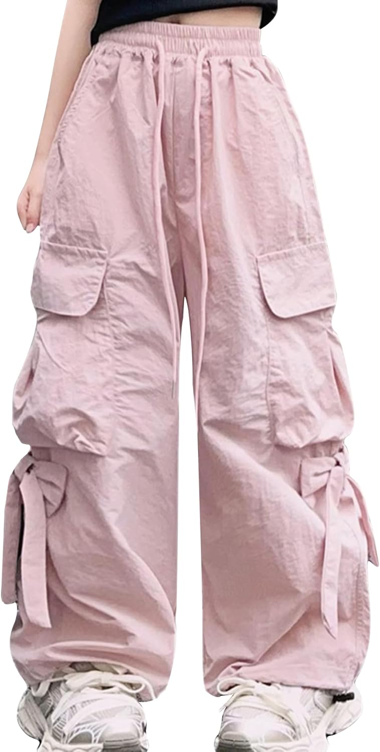 Cargo Hose Mädchen Freizeithose Baggy Hip Hop Hose mit Gummibund Schleife Leicht Dünn Sommerhose 4 Taschen Freizeit Streetwear Kinder 5-14 Jahre