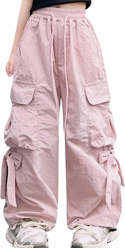 Cargo Hose Mädchen Freizeithose Baggy Hip Hop Hose mit Gummibund Schleife Leicht Dünn Sommerhose 4 Taschen Freizeit Streetwear Kinder 5-14 Jahre