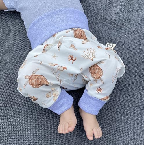 Handmade Baby Baggy Trousers, Handmade Cotton Jersey Grows with Your Gown, Sizes 50-74, 68-86, 92-104, Fairly Produced in Germany (Sea Creatures, 50-74)