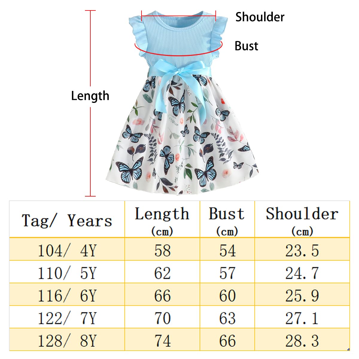 Codkkre Girls Dress Flowers Bowknot Kids Dresses Ruffle Sleeves A-Line Girls Dress Summer Easter Girls Dress Round Neck 104 110 116 122 128 