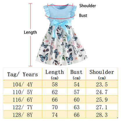 Codkkre Mädchen Kleid Blumen Bowknot Kinder Kleider Rüschenärmel A-Linie Mädchen Kleid Sommer Ostern Mädchen Kleid Rundhals 104 110 116 122 128