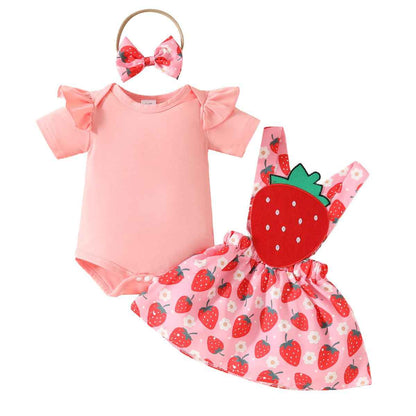 Neugeborenes Baby Mädchen Röcke Sets Kurzarm Rüschen Top + Bedrucktes Overalls Hosenträger Kleid + Stirnband Sommer Kleidung Outfits Set