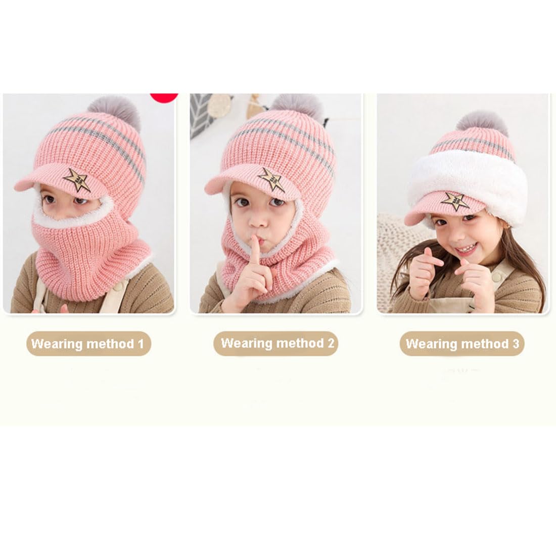 YONKOUNY Kinder Wintermütze Jungen Mädchen Warm Niedlich Strickmütze Schalmütze Schlupfmütze Beanie Mütze mit Fleecefutter