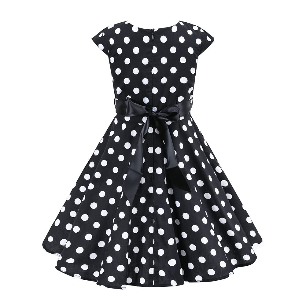 FYMNSI Girls Vintage 1950s Rockabilly Dress Party Dresses Retro Polka Dot Floral Pattern A-Line Party Dresses Pleated Skirt Knee Length for 4-12 Years 