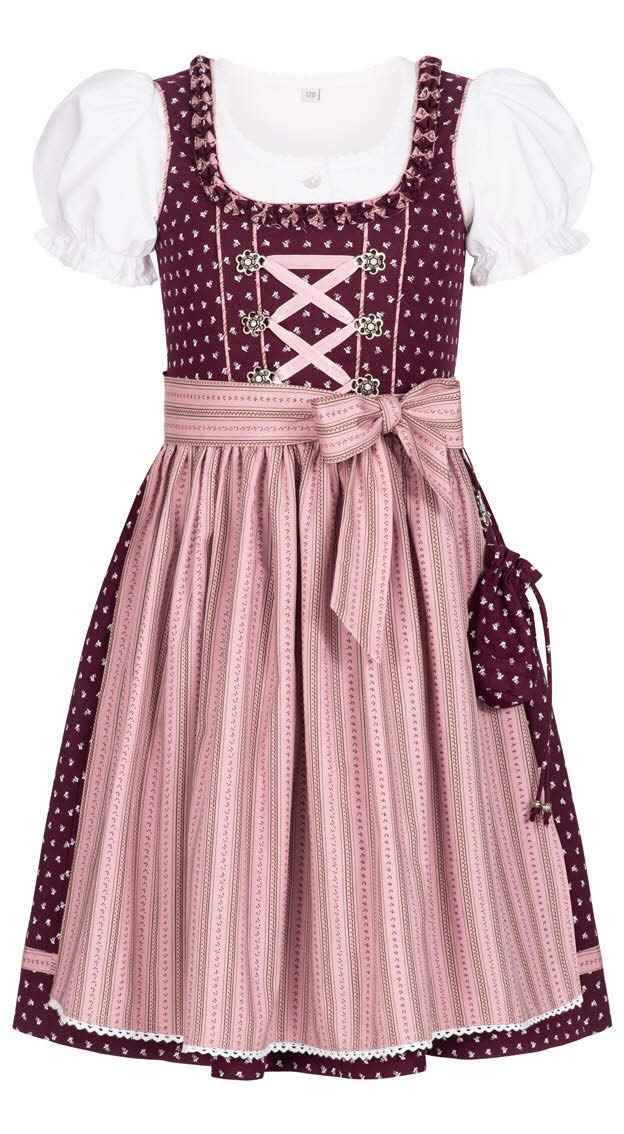 Nübler Dirndl Girls 3-Piece Set Dirndl Dress with Traditional Blouse and Apron Traditional Modern Bavarian Costume NABILA Berry