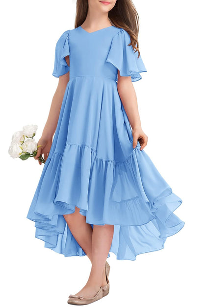Haloumoning Mädchen Sommerkleid V-Ausschnitt Rüschenkleider Casual A Line Kleid Flowy Hoch Niedrig Lang Partykleid Elegant Langes Abendkleid