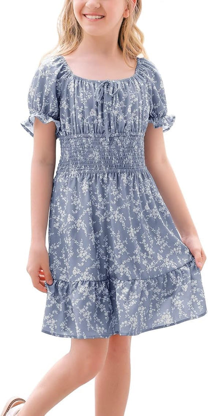 Haloumoning Girls Dresses Short Sleeve Summer Dress Kids Puffy Sleeve Floral Dress Square Neck A-Line Casual Dress Casual Party Wedding Festive Dress 