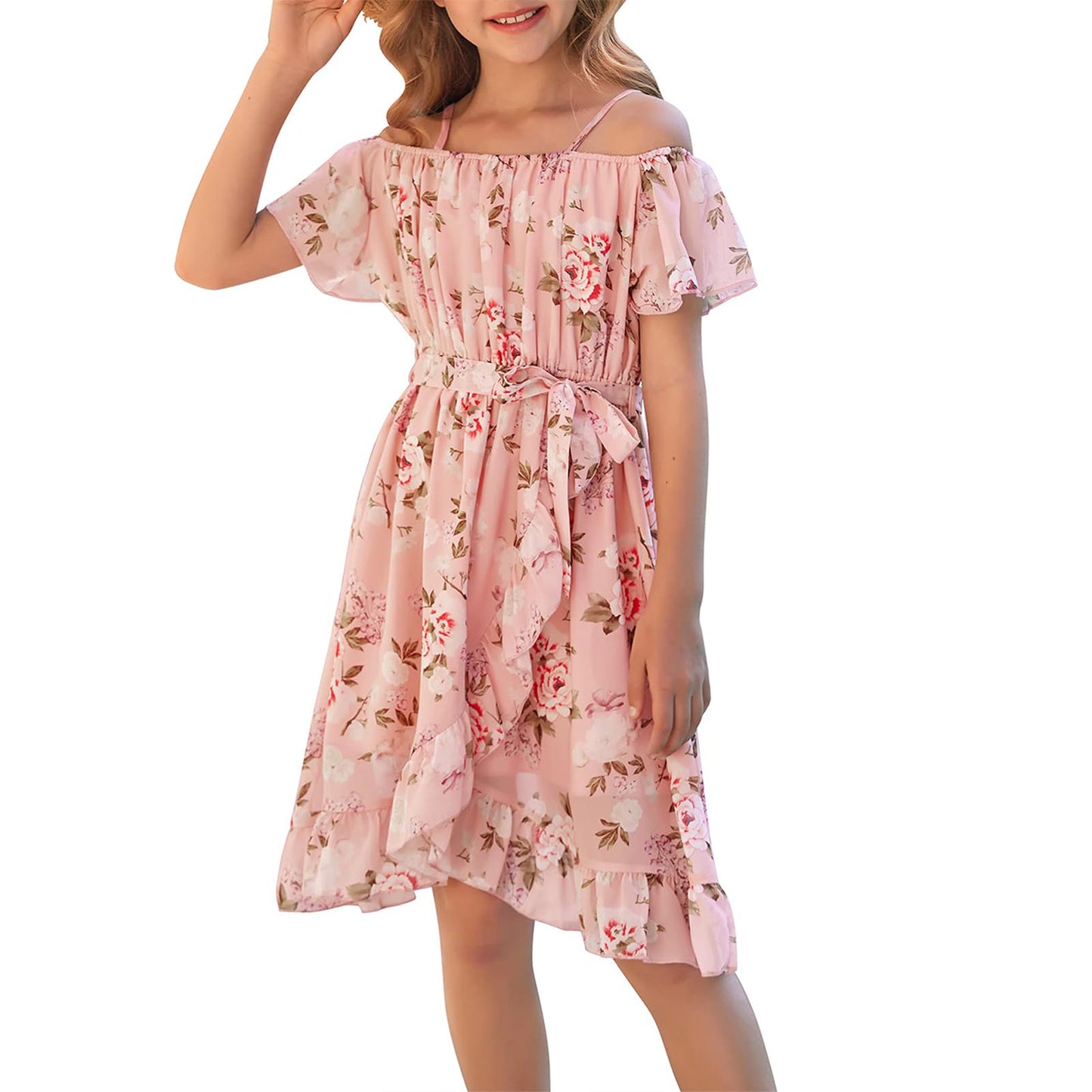cenozo Casual Dresses for Girls, Chiffon Floral Dress, Off-the-Shoulder Summer Dress with Adjustable Straps, Leisure with Ruffle Sleeves, for Girls Aged 6 to 14 Years