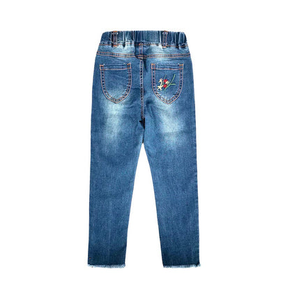 KIDSCOOL SPACE Girls Jeans Split Hem with RAL Edges Elastic Waist in High Elastic Wide Leg Denim Pants