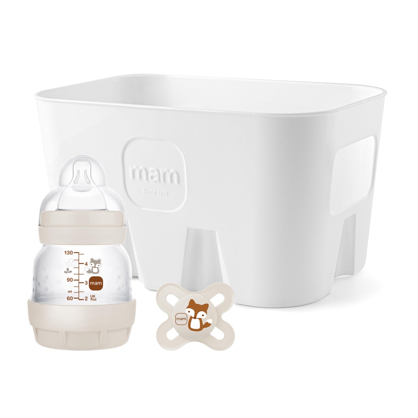 MAM Easy Start Anti-Colic Combi-Set, Babyflaschen Set mit 6 Flaschen gegen Koliken (2 x 130 ml, 160 ml, 260 ml) & Flaschenkorb, Babyausstattung ab der Geburt, beige