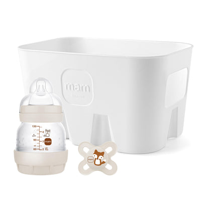 MAM Easy Start Anti-Colic Combi-Set, Babyflaschen Set mit 6 Flaschen gegen Koliken (2 x 130 ml, 160 ml, 260 ml) & Flaschenkorb, Babyausstattung ab der Geburt, beige